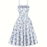 Robe midi vintage à imprimé floral, coupe trapèze, en satin, col en V, bretelles spaghetti réglables, détail noué au dos, écologique, infroissable, naturelle