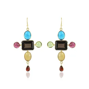 super deal fashion natural smoky quartz big multi gemstone earring 925 sterling silver gift women party earring jewelry