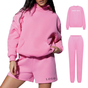 Moda personalizada verano Color Logo Casual 320g Fleece dos piezas ropa de mujer conjunto corto 100% algodón Sudadera CON CAPUCHA DE LAS MUJERES conjunto - Product Image 1