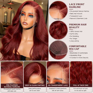 Prix d'usine Perruque Lace Front en cheveux humains bordeaux foncé, pré-épilée, avec ligne de cheveux naturelle, ondulations souples, sans colle, pour femmes - Product Image 4