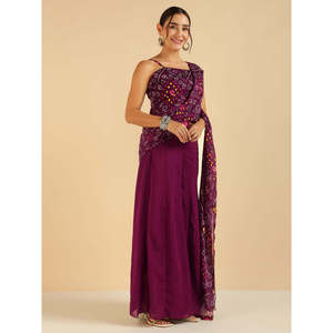 Woven Chiffon Bohemian Spring/Summer Wine Bandhani Strappy <b>Square</b> Neck Breathable Top with Sharara Saree Fusion Women Co-Ord <b>Set</b> - Product Image 5