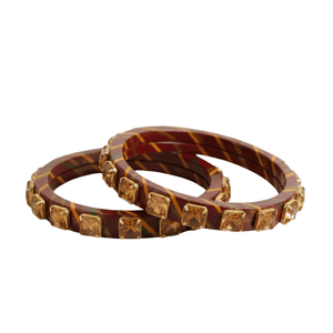 Set of 2 Brown Lac Bangles with Square <b>Stone</b> Accents Cultural Collectible Jewelry - Product Image 4