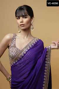 Lo último en ropa de fiesta para mujer, Sari Georgette de imitación con bordado elegante, Sari de trabajo con piezas de blusa de trabajo pesado para mujer, Sari - Product Image 5