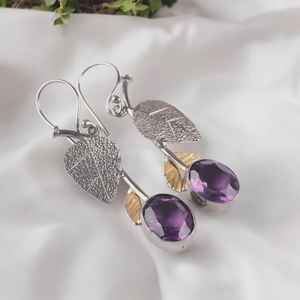 Boucles d'oreilles en feuille d'améthyste, en argent sterling fait à la main, bijoux à deux tons, cadeau élégant pour les femmes, style bohème - Product Image 2