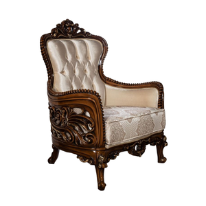 Classic Antique Hand-Carved Solid Wood Accent Chair with Tufted Backrest and Damask Pattern - Product Image 1