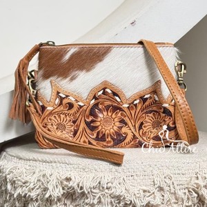 2025 Luxury Designer Hand Tooled Leather Wristlet Clutch & <b>Crossbody</b> <b>Bag</b> Genuine Cowhide Leather Tassel <b>Phone</b> Purse Women Pouch - Product Image 1