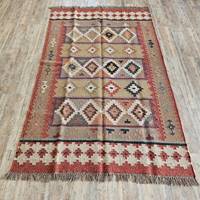 Tapis Kilim Boho en Laine Vintage Muet Oriental Antique Petit Tapis en Jute Turc avec Formes à Motif de Diamant Tapis de Sol Délavé