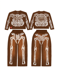 Ensemble t-shirt et jogging en molleton imprimé en coton mélangé doux, effet brillant marron, logo personnalisé imprimé en relief, mode féminine - Product Image 1