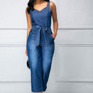 Tuta Intera Estiva Casual Formale a Vita Alta Senza Maniche in Denim con Stampa Animalier Lavorata a Maglia Impermeabile per Fitness - Product Image 1