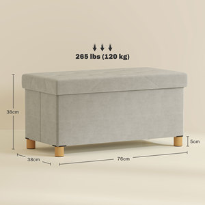 HOMCOM 67L <b>Folding</b> Storage Bench, Padded Lid and Velvet Lining, 76x38x38cm, Cream - Product Image 3