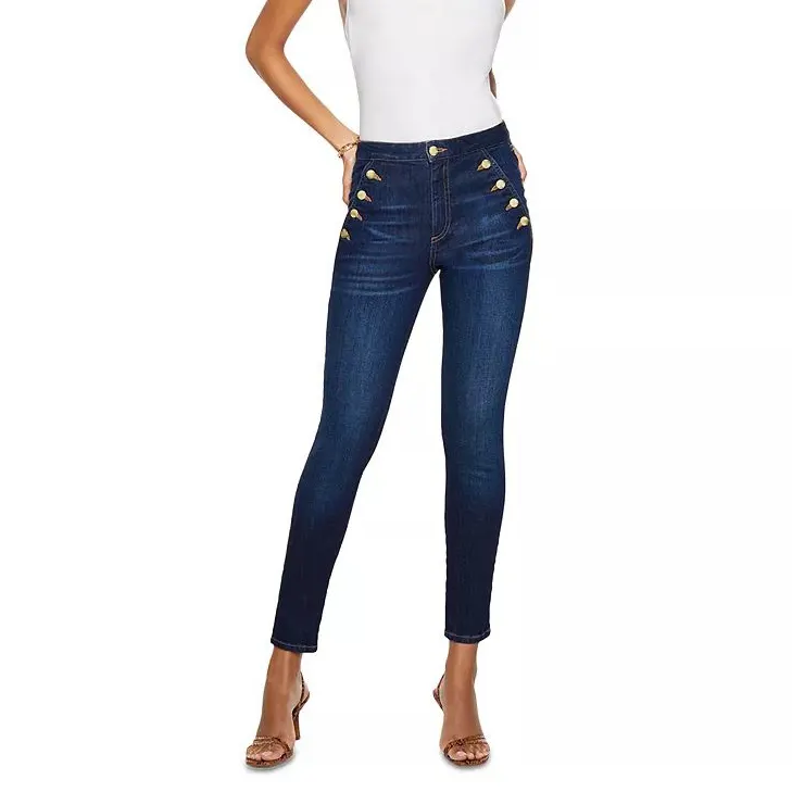 Großhandel Direkt vertrieb Frauen Casual Denim Hosen Skinny Skim Fit Blue Golden Buttons Jeans