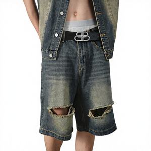 Ripped <b>Men's</b> Denim <b>Shorts</b> 100% Cotton Baggy Oversized Vintage Wash <b>Knee</b> <b>Length</b> Elastic Waist High Waist - Product Image 1
