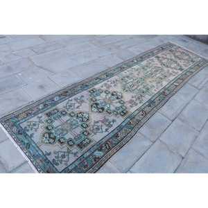 Alfombra turca de 3.3x12.4 pies, alfombra vintage azul con lunares de lana - Product Image 3