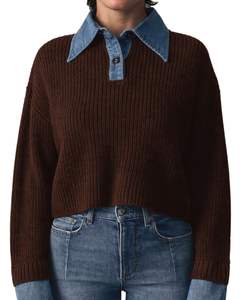 Suéter Corto de Punto Marrón con Cuello de Mezclilla Azul para Mujer, Informal, de Invierno, Jersey de Manga Larga, Suave y Cálido, Estilo Urbano - Product Image 1