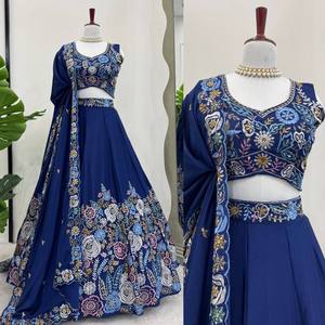 Superventas Nevy Blue diseñador indio tradicional Chinon bordado de seda Lehenga Choli Dupatta para fiestas de verano sin arrugas - Product Image 1