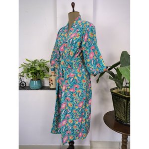 Kimono de Lujo Estilo Boho Indio, Vestido de Verano de Algodón Puro, Estampado a Mano con Diseño Floral Azul Agua, Azul Marino 1 - Product Image 5