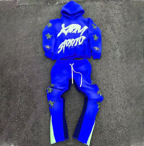 Custom Logo <b>Slim</b> Fit Plus Size Distressed Embroidery <b>Patch</b> 100% Cotton Tracksuit Set with Fleece Solid Sweatpants & Hoodies - Product Image 4