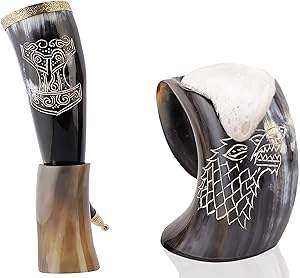 Support de tasse en corne de boisson viking naturelle, véritablement artisanal, avec sangle en cuir sculpté, technique animalière, imperméable, pour cadeaux d'affaires - Product Image 6