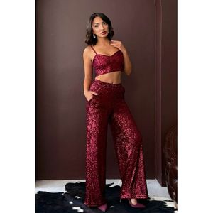 Topshow <b>Red</b> <b>Sequined</b> Wide Leg Women's Trousers for Stylish Evening Party Combinations and Elegant Night Outfits - Product Image 3