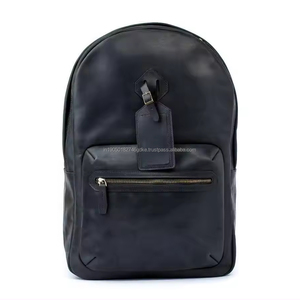 Sac à dos pour ordinateur portable unisexe en cuir véritable noir 100% Capacité 24L Style vintage Motif géométrique Fermeture éclair en métal artisanale Arcuate - Product Image 1