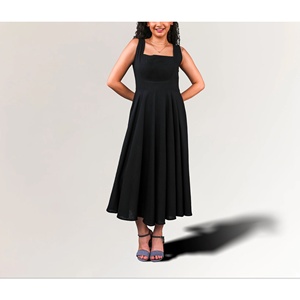 Vestido Midi Negro de Algodón para Mujer, Estilo ODM, Elegante y Casual, con Cuello Cuadrado, Cintura Natural, Transpirable, Largo hasta la Rodilla - Product Image 6