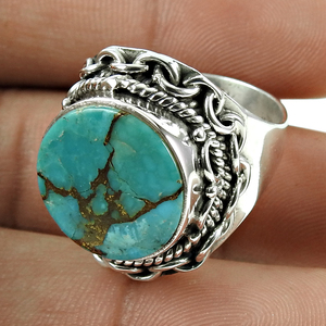 Precio de fábrica de La India, venta al por mayor, anillo de piedras preciosas turquesas de cobre Natural, anillo de banda de Plata de Ley 925 para mujer, joyería hecha a mano - Product Image 4