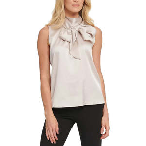 Camicetta da donna DKNY taglia XL con fiocco, collo a lupetto, ricamata in raso, top lungo formale da ufficio con motivo a tinta unita, colore rosa - Product Image 1