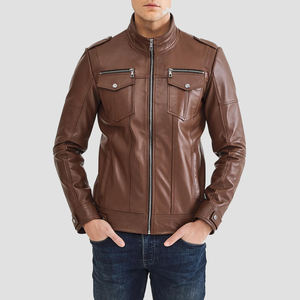 Chaqueta de Motociclista de Cuero Genuino Marrón Premium, Precio al por Mayor, Cierre de Cremallera, Bolsillos Dobles Delanteros, Estilo Urbano - Product Image 2