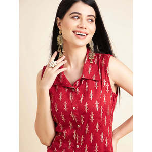 Kurta décontractée pour femme, coupe trapèze, sans manches, imprimé floral, en coton bordeaux, taille unique, taille naturelle, respirante, design ODM pour le quotidien - Product Image 3