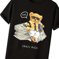 T-shirt noir personnalisé imprimé Crazy Rich Bear, t-shirts unisexes de luxe, streetwear, doux, 100% coton, mode décontractée, logo OEM