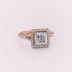 IGI Certified Princess Shape Lab Created Diamond Halo Engagement Ring 9K Rose / Yellow & White Gold Pave Band Ring - Product Image 6