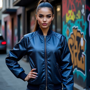 Chaqueta Bomber de satén de béisbol informal de alta calidad para mujer, punto ligero con cuello redondo de cremallera, característica transpirable - Product Image 4