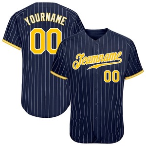 Ropa de equipo personalizada más vendida, camiseta de béisbol auténtica Blanca Dorada a rayas blanca y azul marino personalizada - Product Image 1