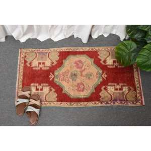 Tapis turc vintage 1.7x3,4 pieds, tapis à tissage plat rouge et beige avec support en latex motif patchwork pour décorations de salon - Product Image 4