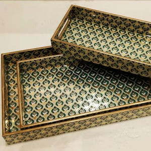 Ensemble de plateaux de service en bois faits à la main de luxe, motif vert et or, plateau rectangulaire laqué pour table basse, décoration de la maison, ottoman, cadeau - Product Image 1