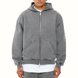 2025 Vintage lavage à l'acide haute qualité 100% coton sweat à capuche pour hommes respirant avec patch de détresse fermeture éclair bidirectionnelle pour l'hiver - Product Image 6