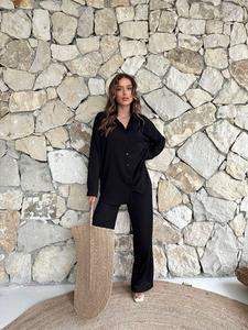 Conjunto Casual de 2 Piezas de Verano para Mujer de Diseño a la Moda, Chándal con Camisa de Manga Larga con Botones y Pantalones en Color Marrón - Product Image 4