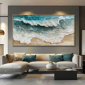 Grande <span class=keywords><strong>Dipinto</strong></span> Panoramico Fatto a Mano su <span class=keywords><strong>Tela</strong></span>, Onde Blu del <span class=keywords><strong>Mare</strong></span>, Pittura in Gesso Moderna, Dipinti di Paesaggi Marini 3D Testurizzati - Product Image 1