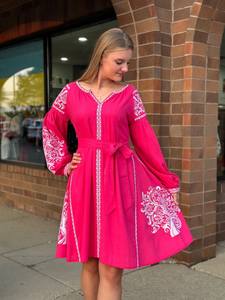 Exclusive Ukrainian Embroidered Full Balloon Sleeves Pink Color Knee Length Embroidery <b>Dress</b> Cheap Cotton Embroidered <b>Dress</b> - Product Image 2