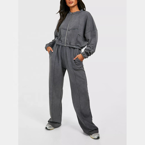High Quality Women's Custom 2-Piece <b>Zip</b>-Up Hoodie and Jogger Set Solid Print Winter Sweatsuit Tracksuit <b>Sweatshirt</b> Set - Product Image 1