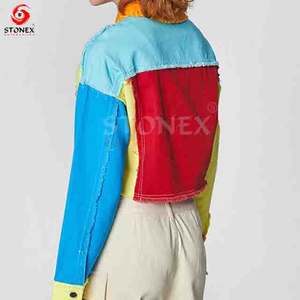 Chaquetas vaqueras personalizadas para mujer, chaqueta vaquera deshilachado recortada con bloque de color, abrigo corto informal para mujer - Product Image 6