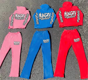 Chándales bordados desgastados de lana de algodón 100% pantalones de chándal acampanados de algodón trajes de chándal de lavado ácido - Product Image 1
