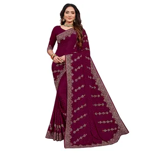 Latest Design New Fashionable Indian Clothing Best Quality Heavy Crape Embroidery Work Women Saree for Bulk Buyers