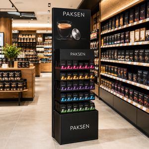 Rak <span class=keywords><strong>Display</strong></span> Lantai Kardus dengan Header Visual Cangkir Kopi untuk Merchandise Kapsul Kopi Berbagai Rasa - Product Image 2