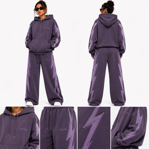 <b>Purple</b> Lightning Hoodie <b>Tracksuit</b> Heavyweight Cotton Oversized Jogger Set Premium Streetwear Sportswear Fleece Lining Quick Dry - Product Image 4