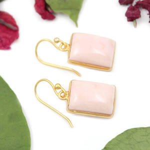 Vintage elegante natural Rosa ópalo rectángulo forma 24K chapado en oro colgante bisel pendiente para mujer Joyería Al por mayor para la India - Product Image 2