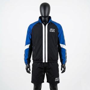 Conjunto Corto de Chaqueta Cortavientos de Poliéster, Ligero, de Secado Rápido, Diseño de Paneles en Negro y Azul, Impresión de Logotipo Personalizado, Conjunto de Chaqueta Cortavientos y Pantalones Cortos para Hombre - Product Image 1