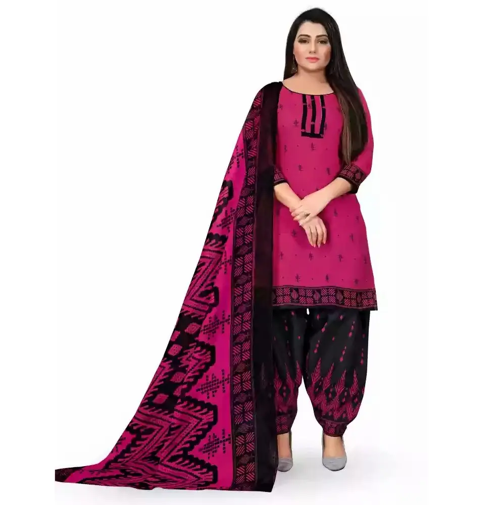 Setelan katun ringan warna merah muda dan hitam Pakistan untuk Muslim Islami Salwar Kameez kasual luar ruangan dicetak Kurti