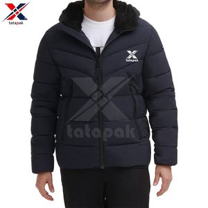 Parkas con capucha informales para hombre, chaqueta acolchada con aislamiento grueso, poliéster ecológico, cremallera de invierno, marca personalizada a cuadros - Product Image 3