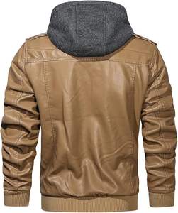 Blouson aviateur décontracté en cuir PU pour homme avec col montant, veste zippée d'hiver avec capuche amovible et poches pour homme - Product Image 2